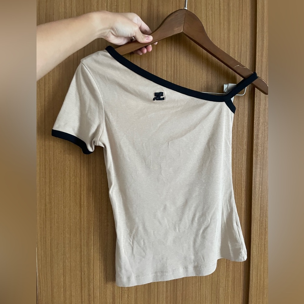 Beige Off-Shoulder Top with Black Trim